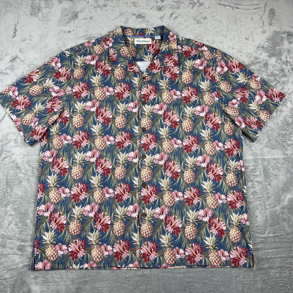 Carribean XL Hawaiian‎ Button Up Shirt. Pineapples Floral Cotton EUC